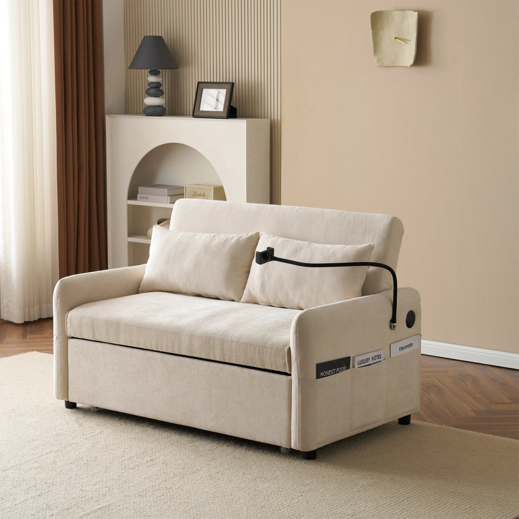 Divano Letto Estraibile 2 Posti con Schienale Reclinabile 3 Posizioni; USB; Supporto Telefono e Tasche Laterali in Ciniglia Beige