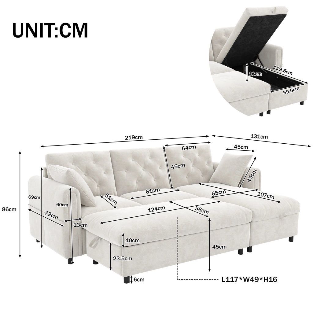 Divano in velluto beige con chaise longue reversibile, pouf contenitore e funzione letto temporanea