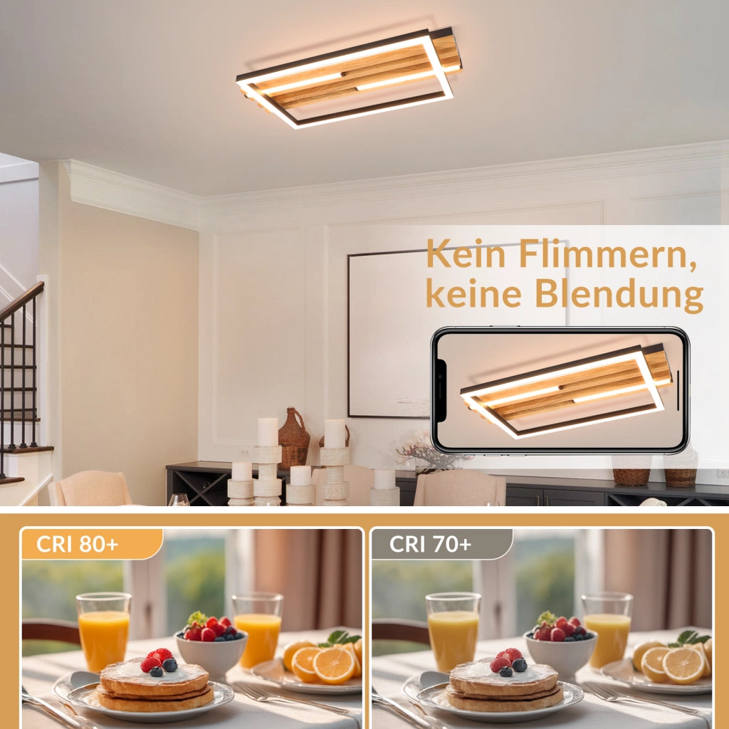 ZMH Lampada da Soffitto LED Legno 24W 38cm Luce Calda Nero Rettangolare Moderna per Camera da Letto Soggiorno