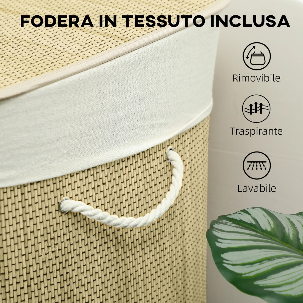Cesto Portabiancheria 60x40x60 cm con Coperchio 3 Scomparti 144L con Sacca Removibile e Lavabile in Bambù Crema