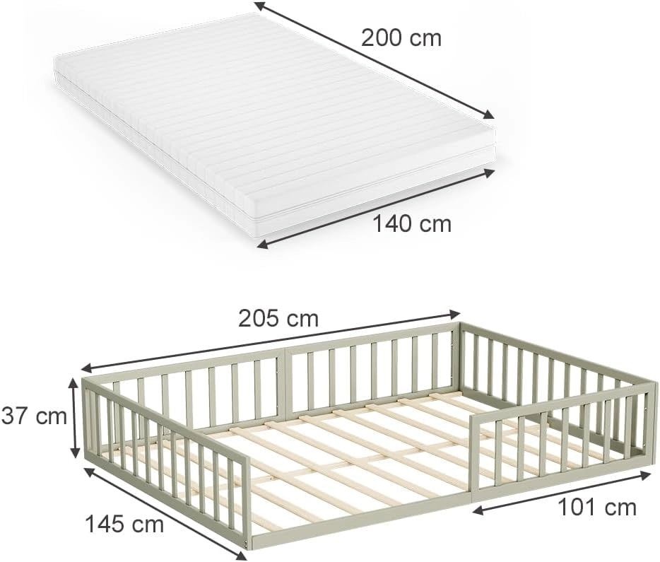 Letto a pavimento Minno 140x200 cm, letto bambini Montessori in metallo con protezione anticaduta e materasso, greige