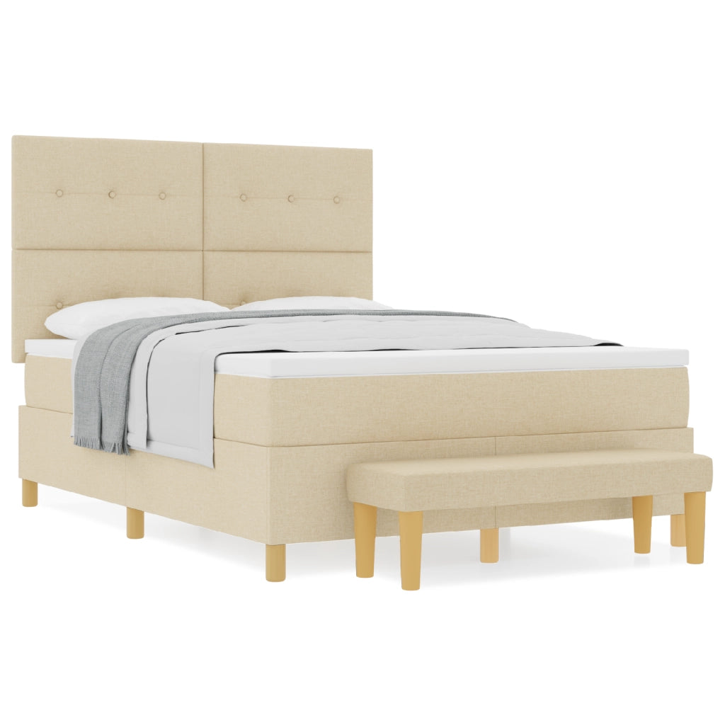 Letto Box Spring  con Materasso e Panchina Crema 140x190 cm Tessuto