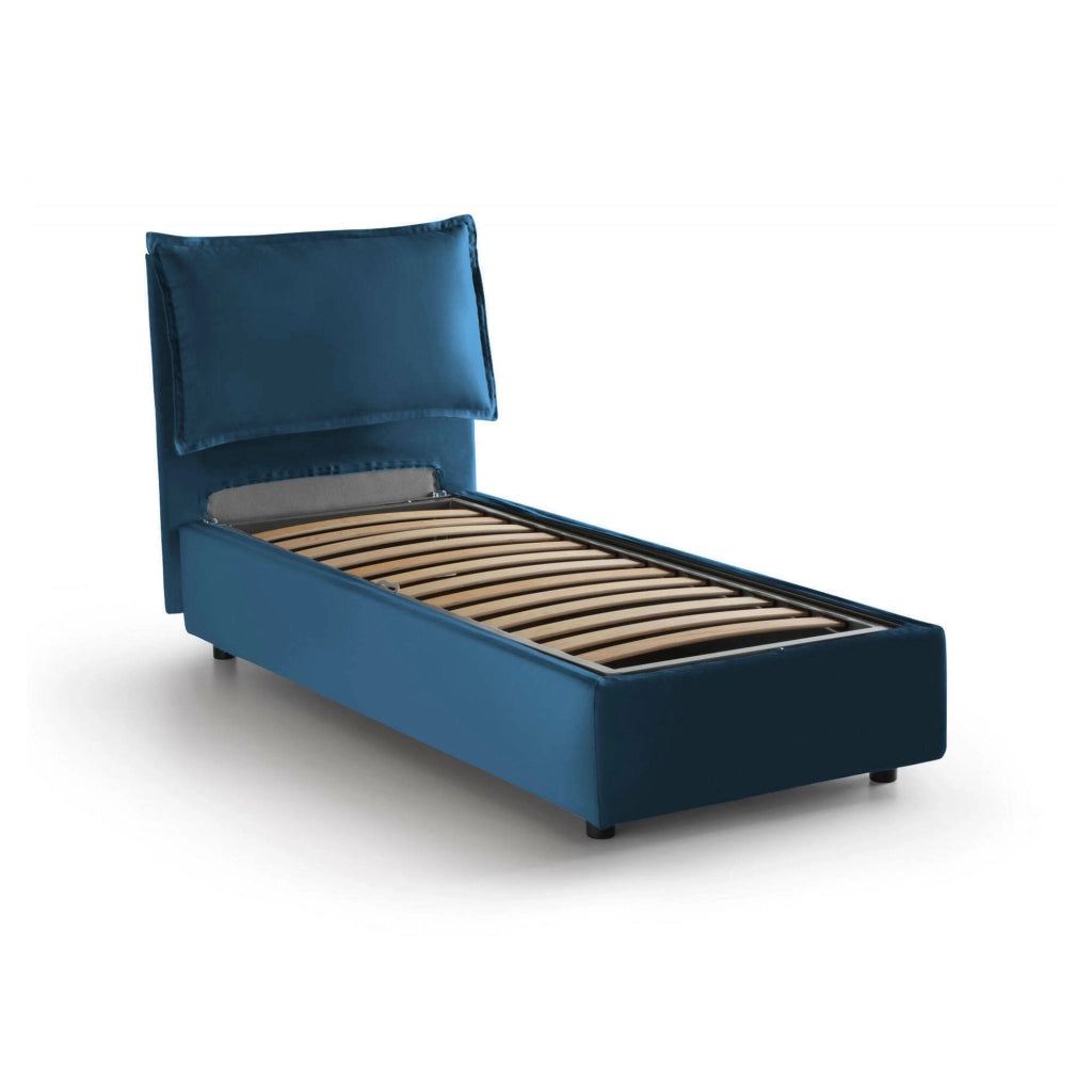 Letto singolo Aphrodite, Letto contenitore con rivestimento in tessuto, Made in Italy, Apertura laterale, adatto per materasso cm 80x190, Blu