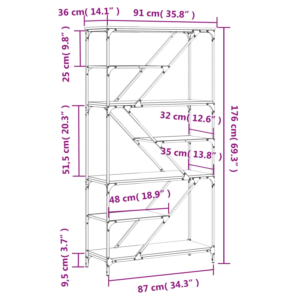 Libreria Grigio Sonoma 91x36x176 cm Legno Multistrato e Acciaio 835417