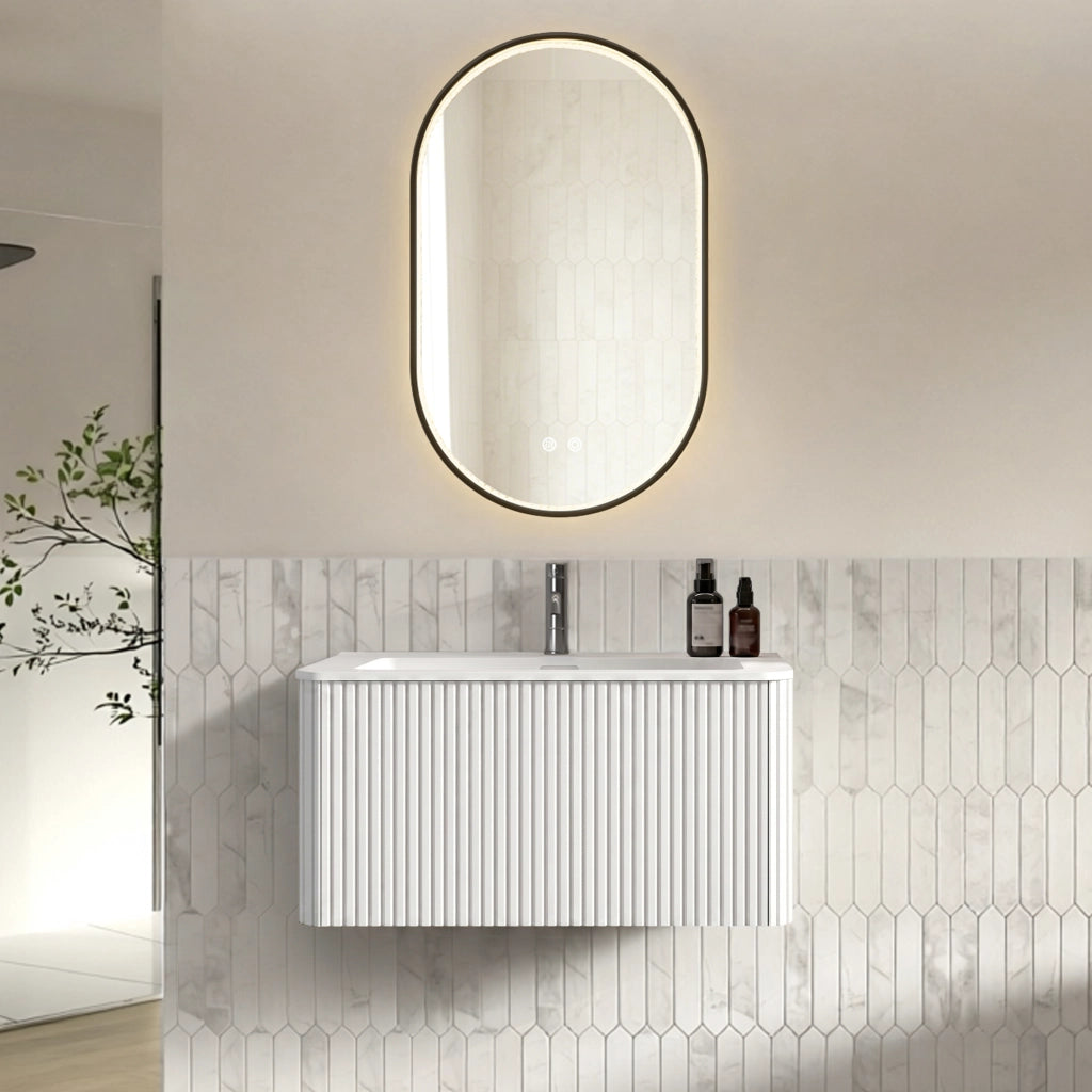 Mobile bagno sospeso con lavabo integrato e cassetto; specchio LED antiappannamento per bagno; bianco