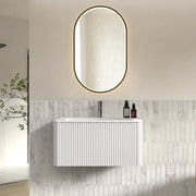 Mobile bagno sospeso con lavabo integrato e cassetto; specchio LED antiappannamento per bagno; bianco