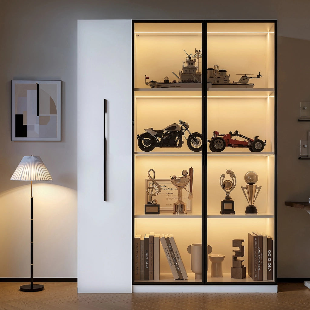 Vetrina con Anta in Vetro e LED; con Ampio Cassetto Laterale Estraibile; Stile Moderno; in MDF; Bianco; 110;5??35??160 cm