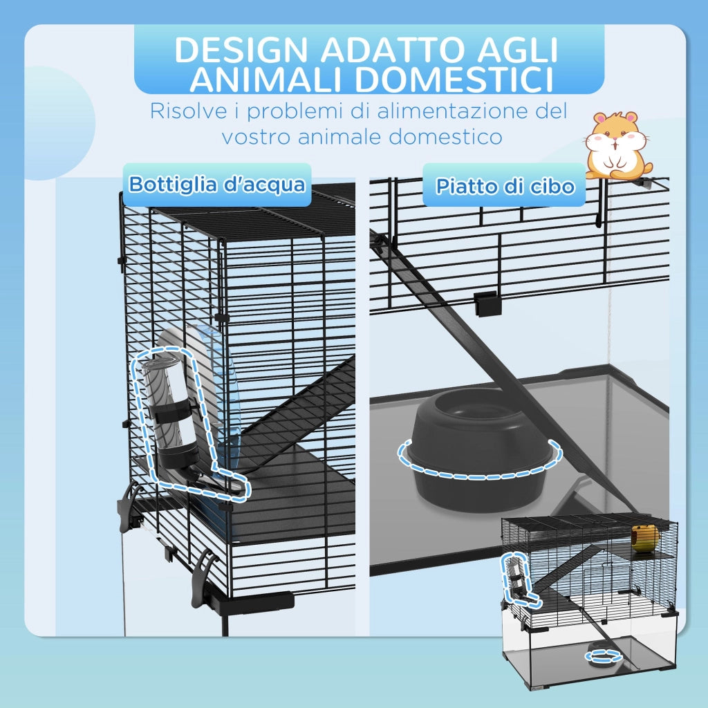 Gabbia per Criceti 3 Livelli con Ruota Rampe e Fondo Rimovibile 60x40x57 cm Nero