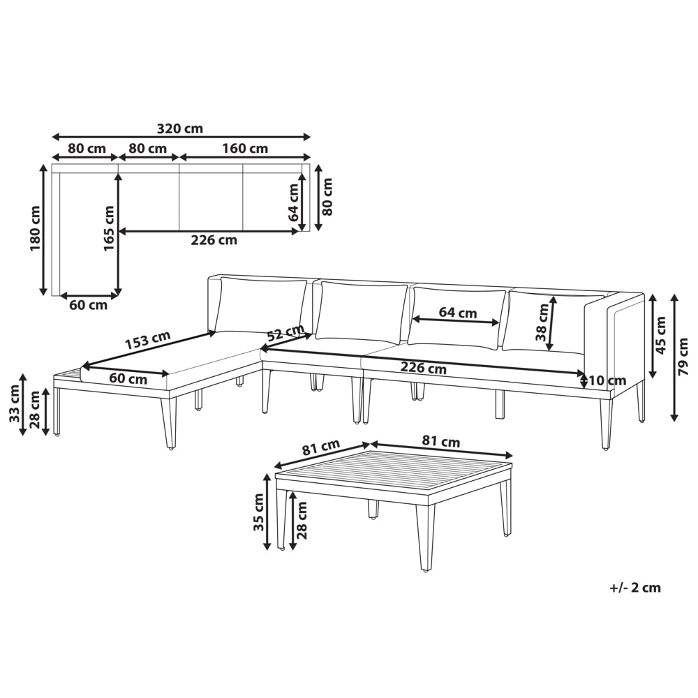 Set da giardino 3 posti in legno di acacia certificato con divano angolare tavolino e cuscini beige chiaro lato destro