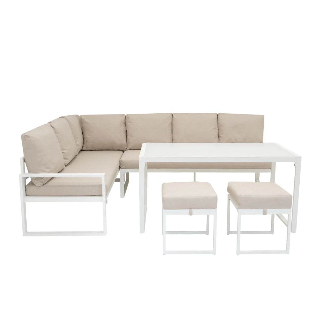 Set Mobili da Esterno in Alluminio Divano Angolare Tavolino Sgabelli Bianco