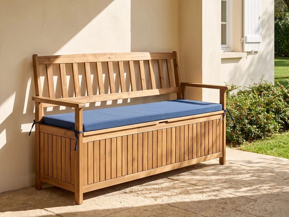 Panca da esterno con contenitore in legno massello di acacia, con cuscino in tessuto blu da 160 cm elegane stile classico