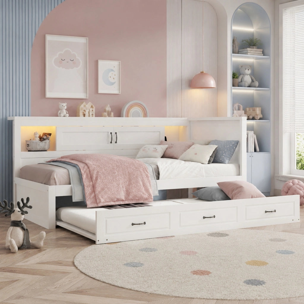 Divano letto 90x200 cm con letto estraibile; LED; prese e USB; bianco