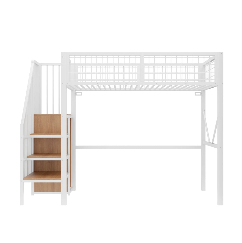 Letto a soppalco 90x200 cm con LED e scala contenitore in metallo bianco