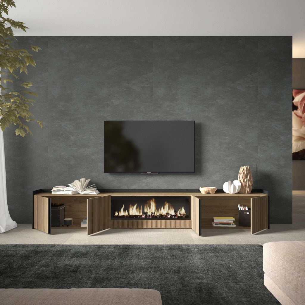 Mobile TV Soggiorno, 315x50x35 cm, Per TV fino a 80", Camino elettrico XXL, Rovere e nero