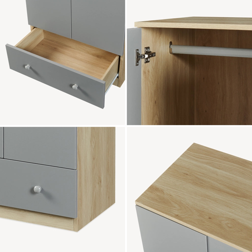 Armadio Beldinupp per Cameretta a 2 Ante e Cassetto 123 x 60 x 40 cm - Effetto Rovere/Grigio [en.casa]