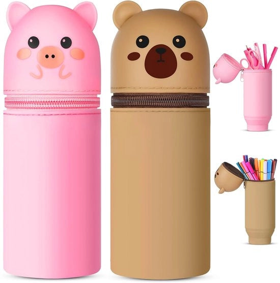 Etui di gomma per matite - 2 in 1 - Ideale per la scuola - Rosa e marrone - Accessori per la scrittura - Perfetto per i bambini - Stile cartone