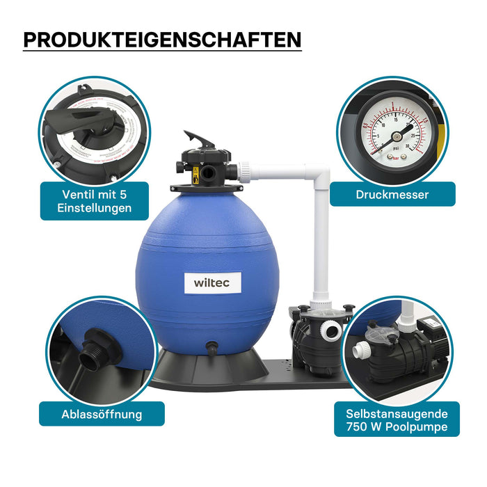 Filtro a sabbia per piscina, 750 W, serbatoio filtrante 71 l, pompa piscina autoadescante 20.000 l/h
