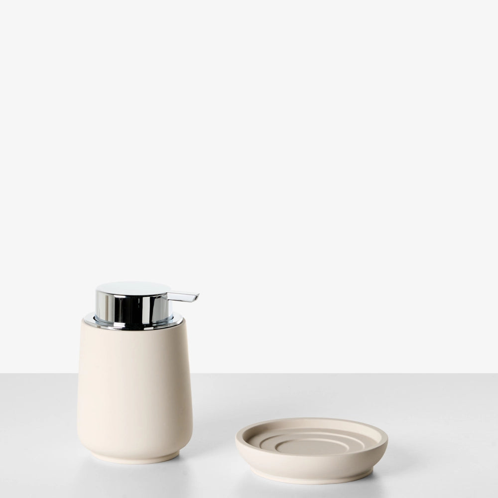Set di 4 accessori da bagno portasapone dispenser per sapone scopino per WC e bicchiere in poliresina beige