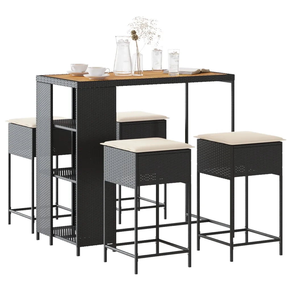 Set Bar da Giardino 5 pz con Cuscini in Polyrattan Nero