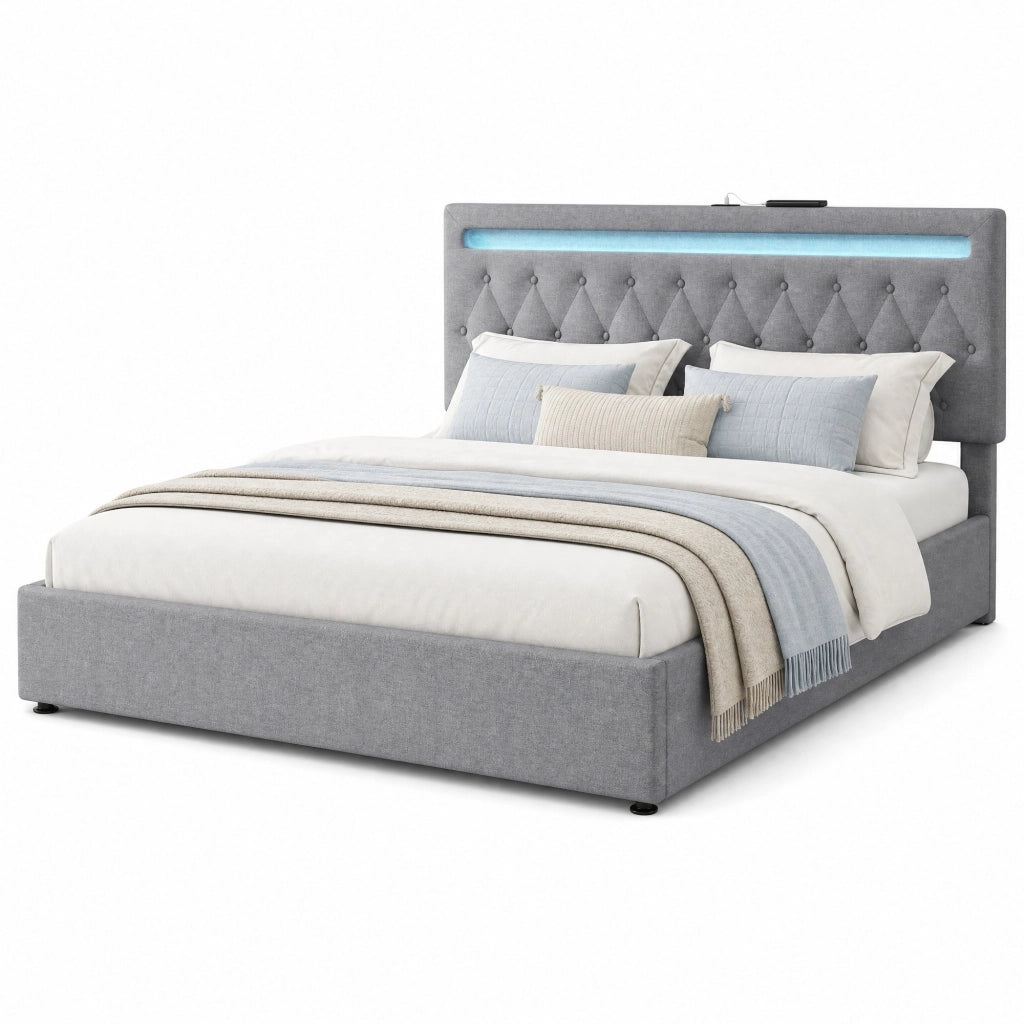 Letto imbottito 180x200 cm con contenitore; sollevamento idraulico; LED e USB; grigio