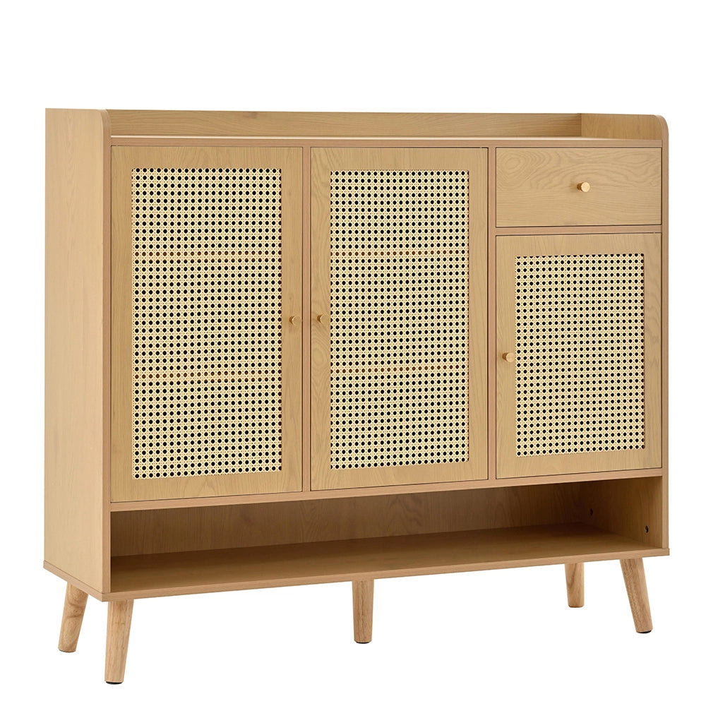 Armadio scarpe in vimini naturale - Xylo - 3 ante, 1 cassetto, 5 ripiani, piedi in legno, 120x106x35 cm