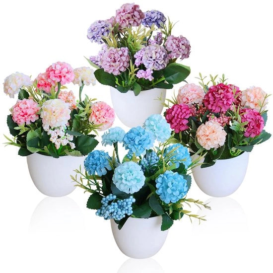 4 pezzi di fiori artificiali in vaso, mini piante artificiali, piccoli crisantemi decorazione da tavolo, interna ed esterna, fiori da assemblaggio per casa, piante verdi per balcone, ufficio
