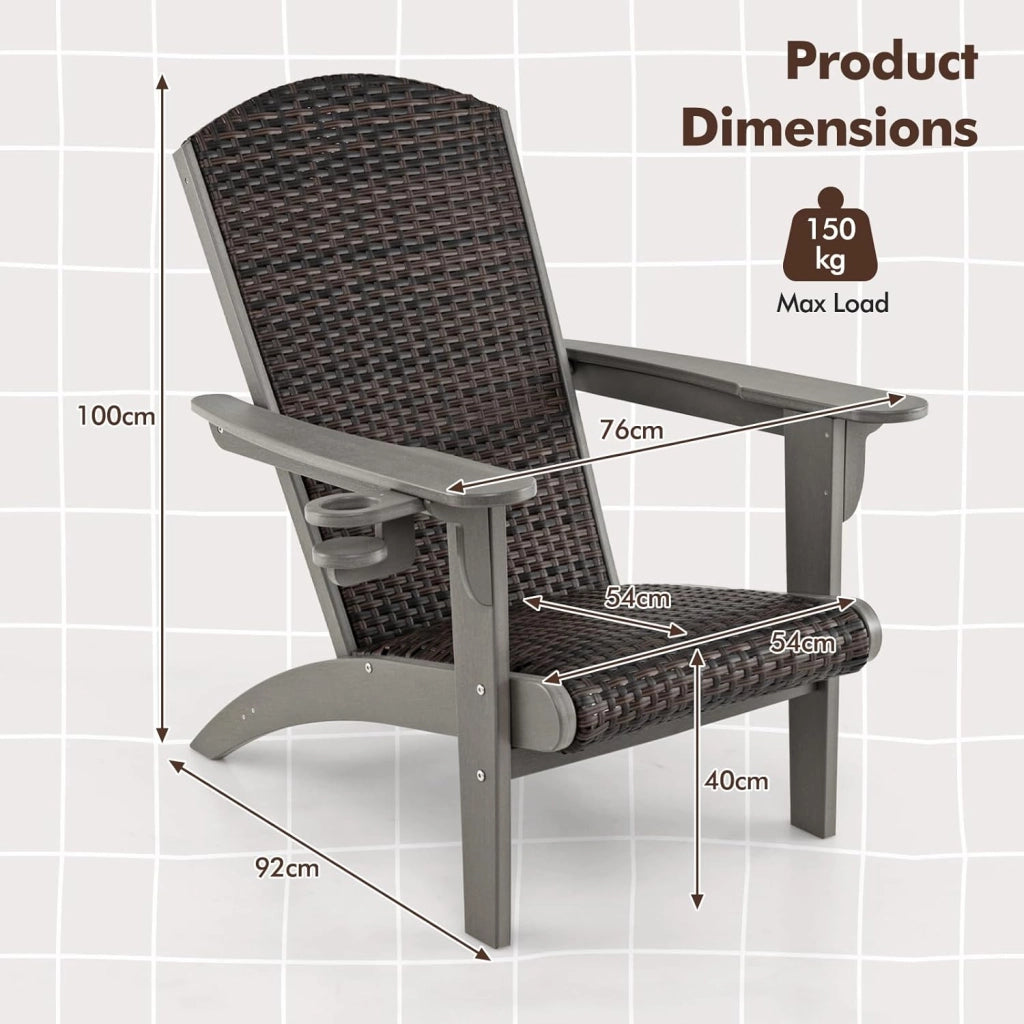 Sedia Adirondack da Patio, Sedia in Rattan con Seduta Imbottita, Braccioli Ergonomici, Porta Tazza Rotante, Poltrona da Lounge in HDPE per Esterni per Giardino, Cortile, Terrazza (Grigio)
