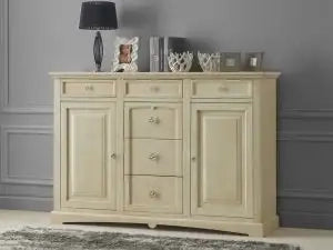 Credenzone in legno Shabby chic 2 ante 6 cassetti mod goccia avorio anticato con pomelli Margherita