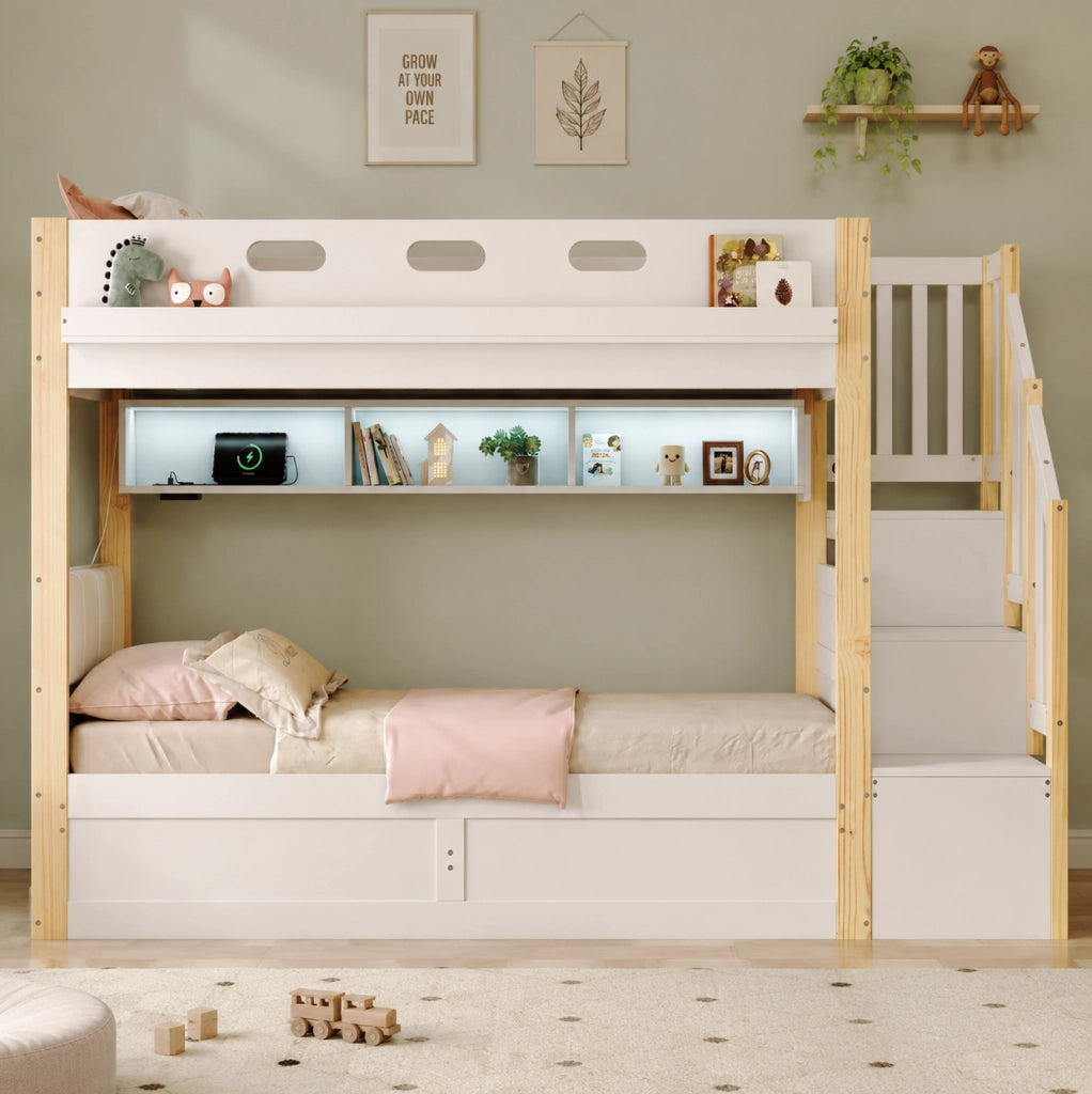 Letto a castello con contenitore idraulico, scala contenitiva e LED