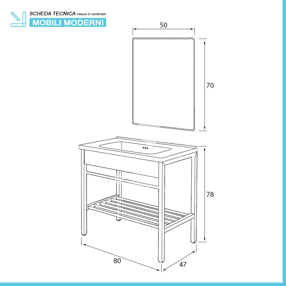 Mobile bagno a terra in metallo 80 cm nero opaco con specchio e pensile linea Borg