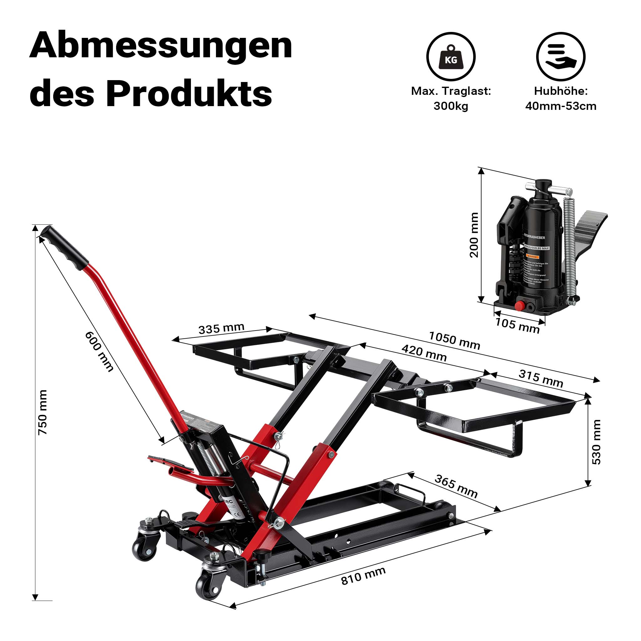 Sollevatore per trattorino 3in1, alza moto e quad, max 530 mm, Martinetto idraulico a carrello