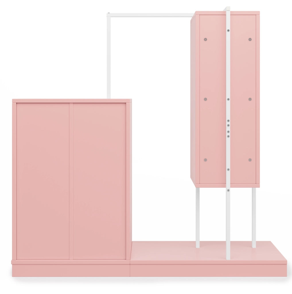 Mobile guardaroba 100x40x135 cm con quattro cassetti e barra appendiabiti in truciolare e metallo rosa e bianco