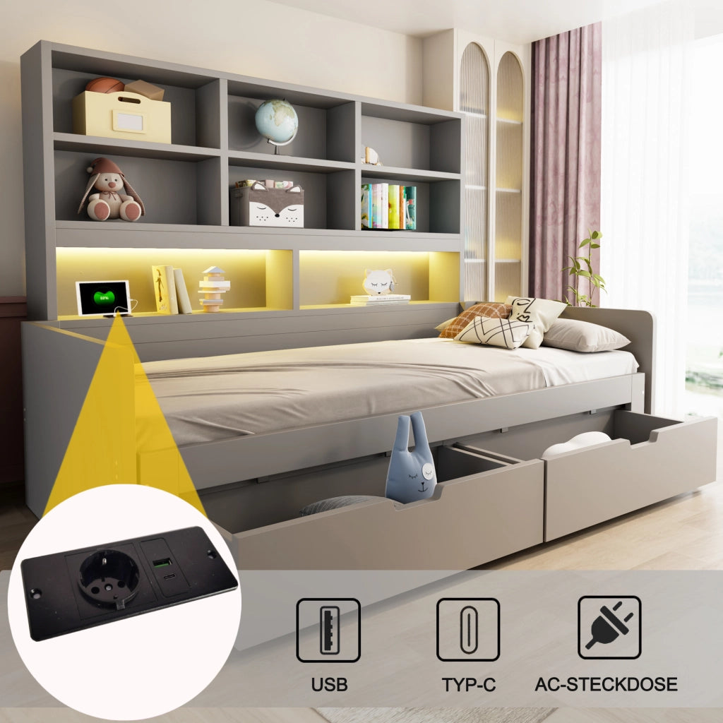Letto divano estensibile 90x200/180x200 cm con LED; USB; cassetti e ripiani aperti; legno grigio