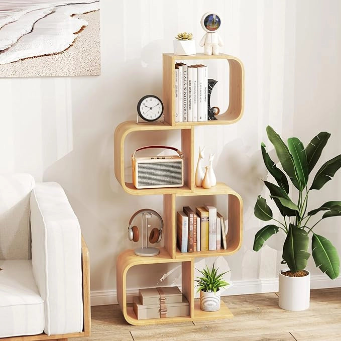 Libreria a 4 Cubi Forma di S, Libreria Bassa Scaffale in Bamboo, Libreria Design Moderna Salvaspazio da Terra, per Soggiorno, Studio e Ufficio, 61 x 23 x 133,5 cm, Naturale (4 Livelli)