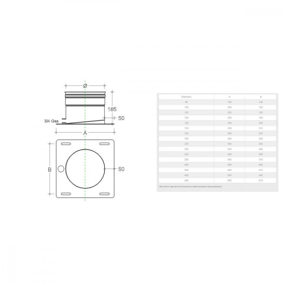 Piastra di base da 160mm in acciaio inox aisi 304 con spurgo
