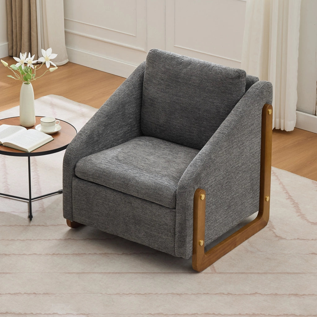 Poltrona Lounge con Braccioli e Cuscino ¨C MINIMAL ¨C Grigio, Tessuto Chenille, Gambe in Legno