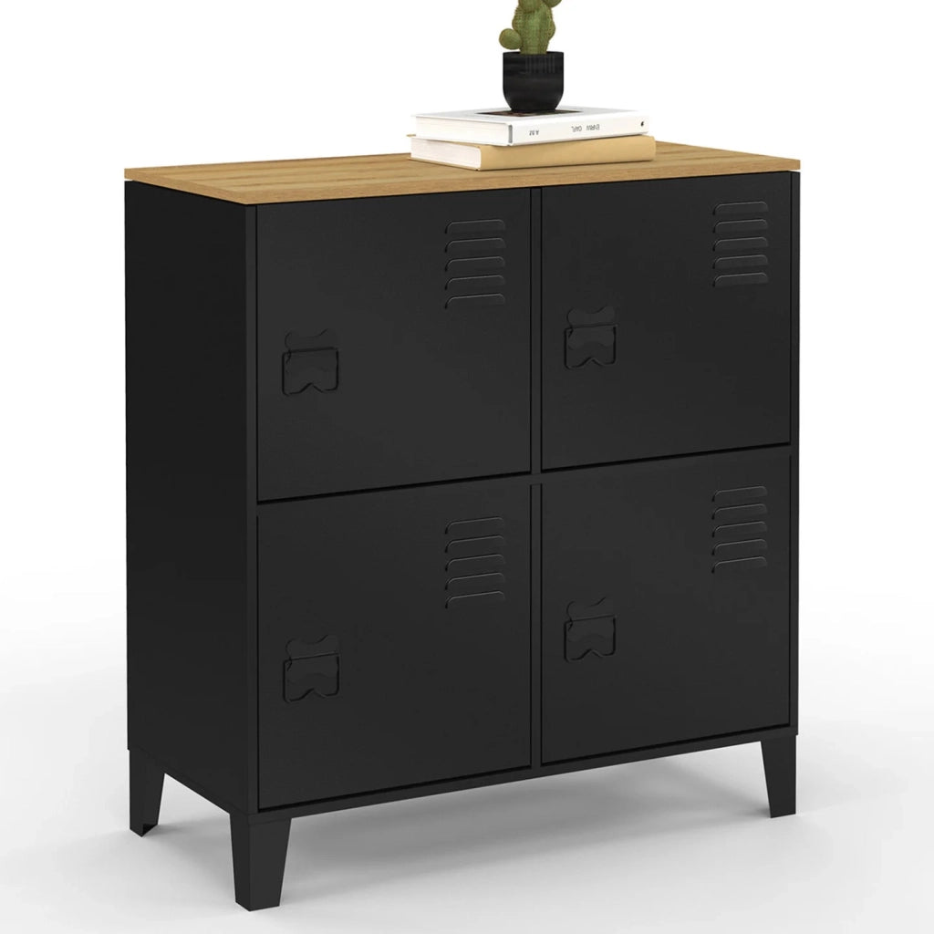 IDMarket - ESTER Credenza a 4 ante in metallo nero con piano in legno dal design industriale, altezza 70 cm