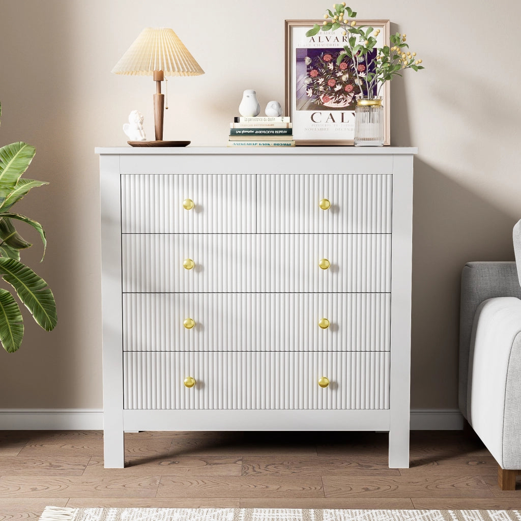 Cassettiera con 5 Cassetti; Maniglie dorate; per Camera o Ingresso; in Pannelli di particelle; 79 × 39.5 × 80.5 cm; Bianco