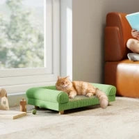 Divano per cane e gatto rialzato, seduta effetto tappeto rinfrescante, con braccioli, in velluto morbido, 63 x 41 x 17 cm, Verde