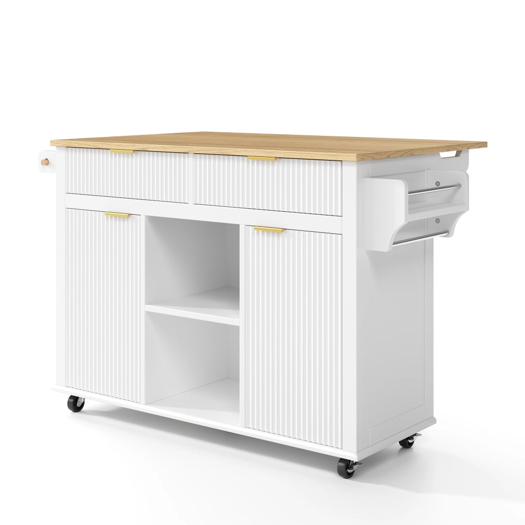 Isola da cucina su ruote 143 x 45 (69) cm con piano ribaltabile, 2 cassetti, 2 ante e vano porta spezie