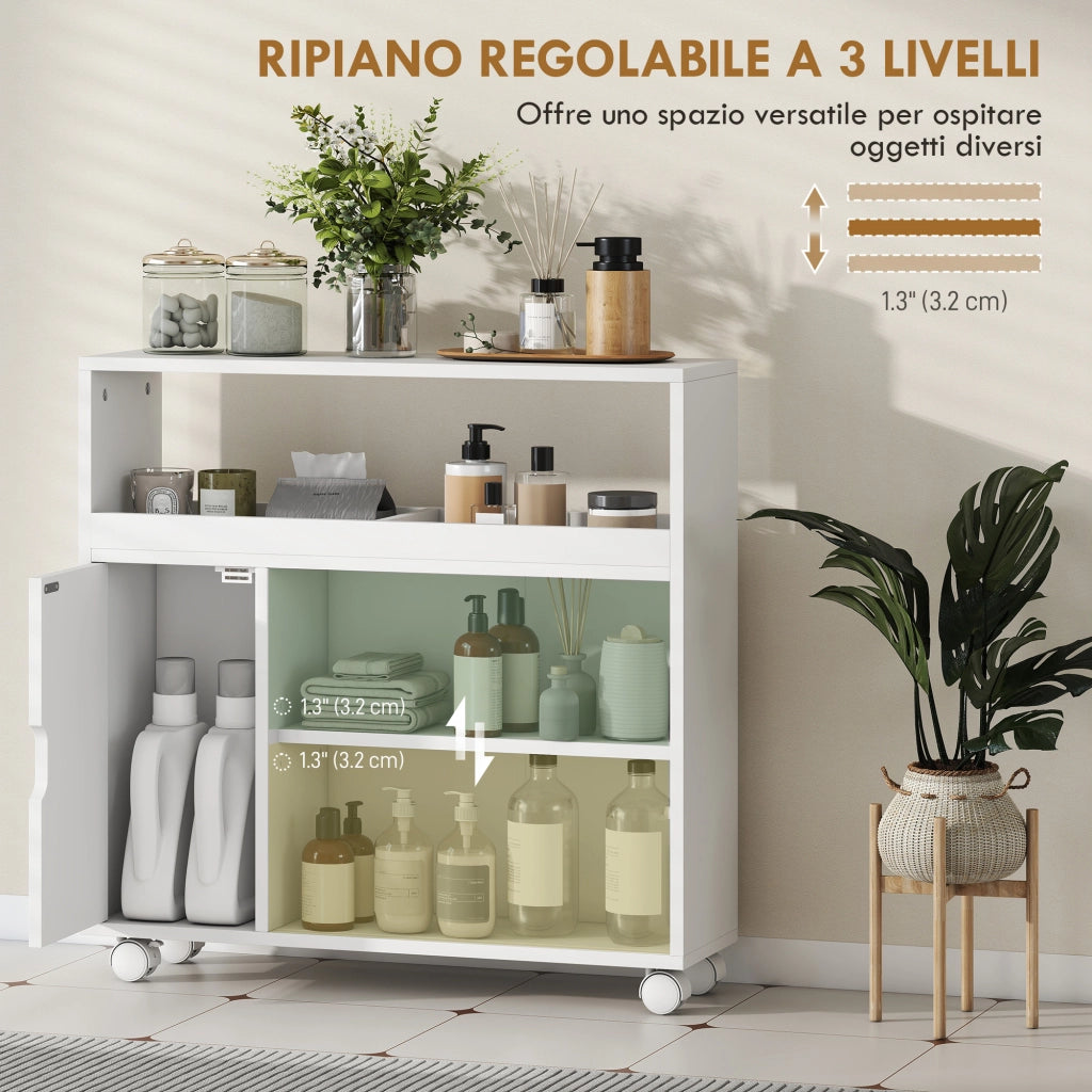 Mobile Bagno con Ante Vetro e Ruote ¨C Zephmum ¨C Bianco Legno 71x20x70 cm