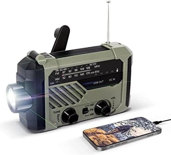 Radio solare, ricevitore AM/FM, radio di emergenza, 2000 mAh, powerbank, ricaricabile via USB, con maniglia, dinamo, lampada LED, lampada da lettura, allarme SOS per outdoor, escursioni, campeggio, sopravvivenza