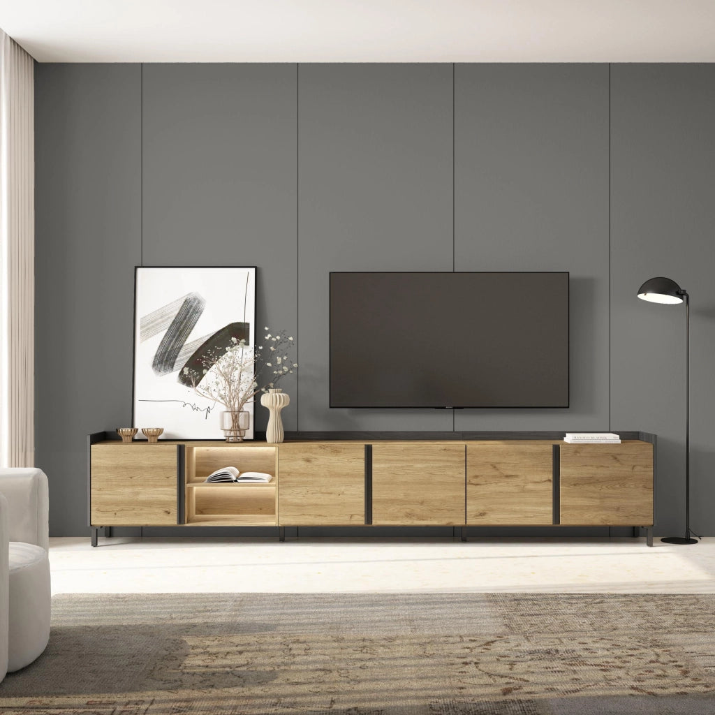 Mobile TV Soggiorno, 309x61x35 cm, Per TV fino a 80", Design industriale, LED, Rovere e nero