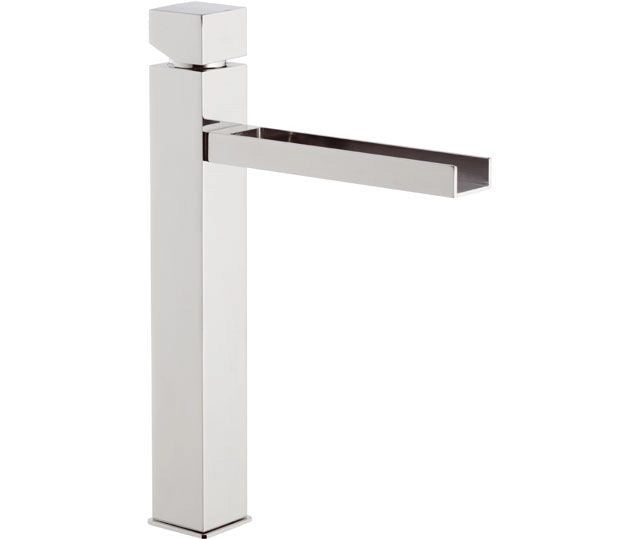 Miscelatore lavabo alto ideale per lavabo a bacinella da appoggio, dotato di bocca a cascata serie cube waterfall