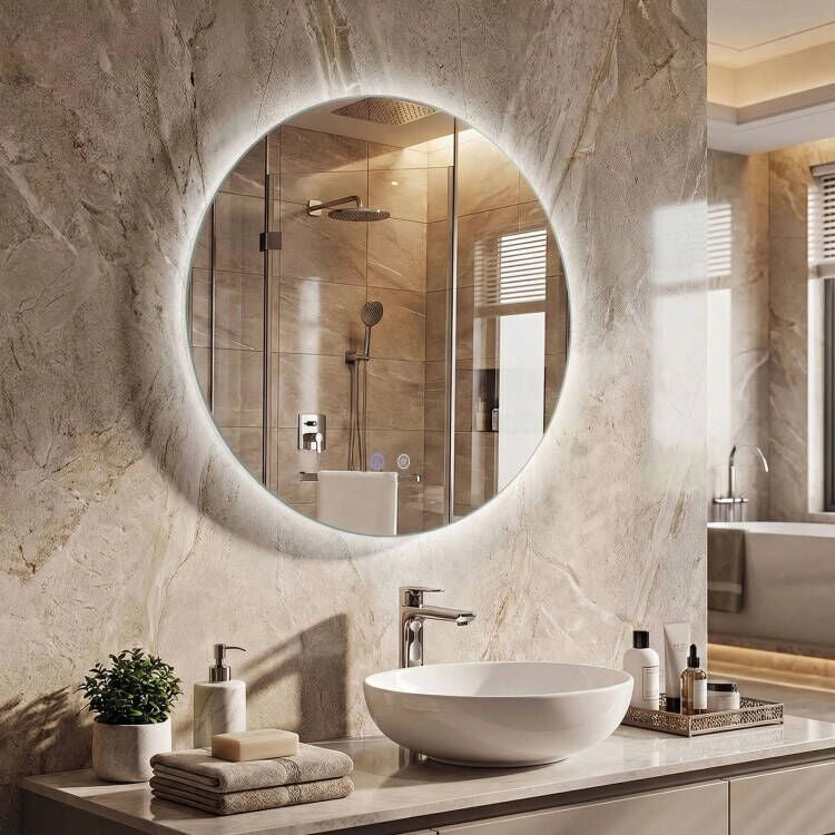 Specchio rotondo led illuminazione bagno parete luminosità regolabile-Specchio retroilluminato vetro temperato memoria anti-appannamento 60cm