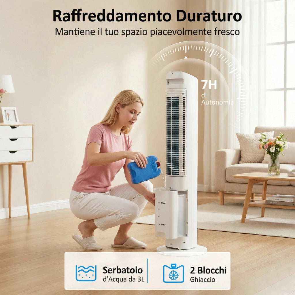 Raffrescatore d'Aria 3-in-1, Torre, Serbatoio 3 Litri, Portatile, Bianco.