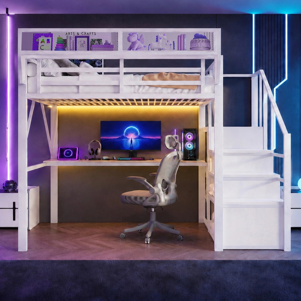 Letto a soppalco 140 × 200 cm con scrivania, scaffale regolabile, LED e scala di sicurezza, senza materasso, bianco