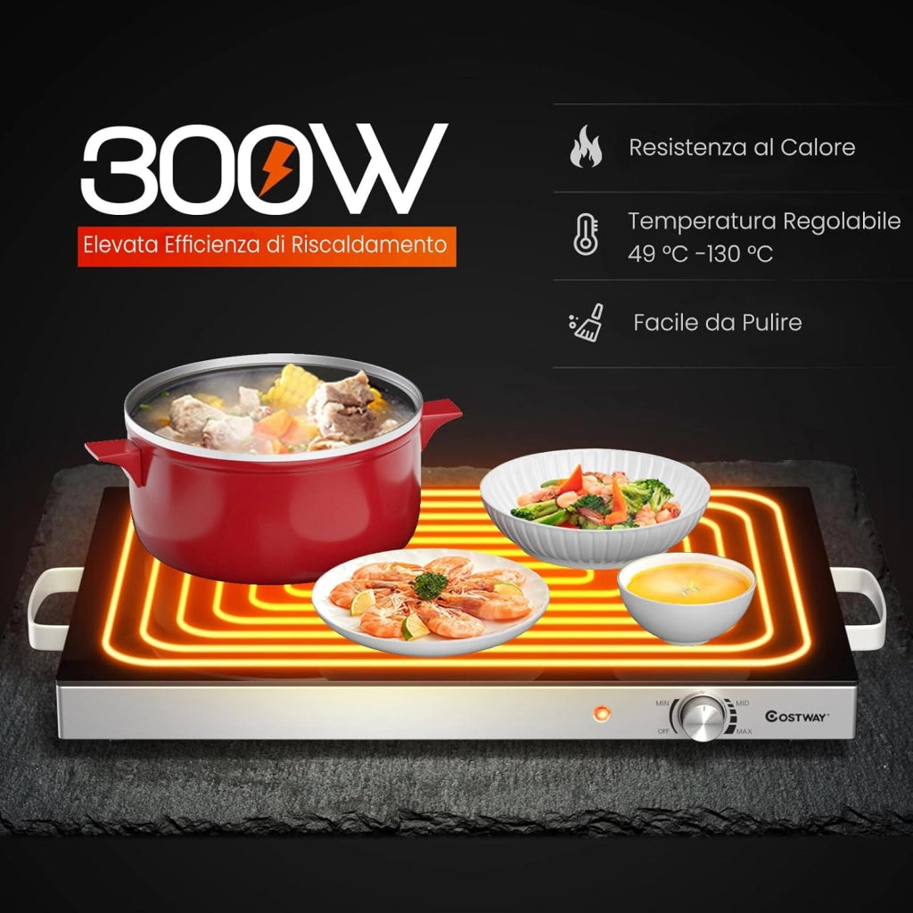 Vassoio Scaldavivande Elettrico, Vassoio Riscaldante in Acciaio Inox con Piano in Vetro Resistente alle Alte Temperature, Maniglie Antiscottatura, per Casa e Festa
