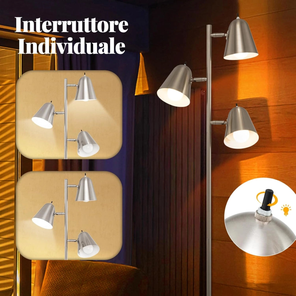 Lampada da Terra Salotto Moderna con 3 Lampadine e Paralumi Regolabili, Interruttore Indipendente, Lampada a Stelo in Metallo con Base Stabile per Camera da Letto e Ufficio (Argento)