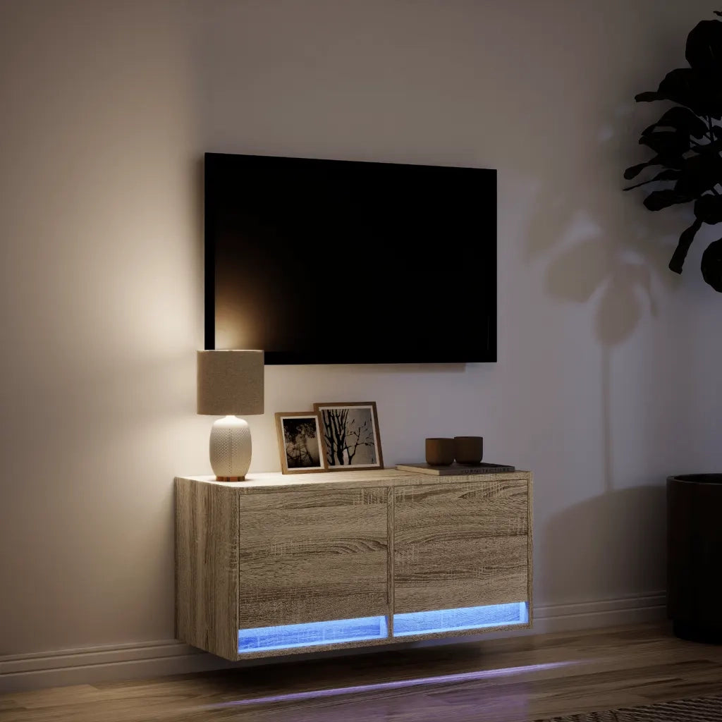vidaXL Mobile TV a Parete con Luci LED Rovere Sonoma 80x31x35 cm
